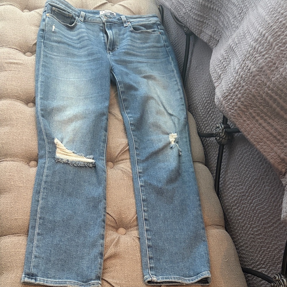 PAIGE Cindy Women's Straight Leg Distressed Blue Jeans.
